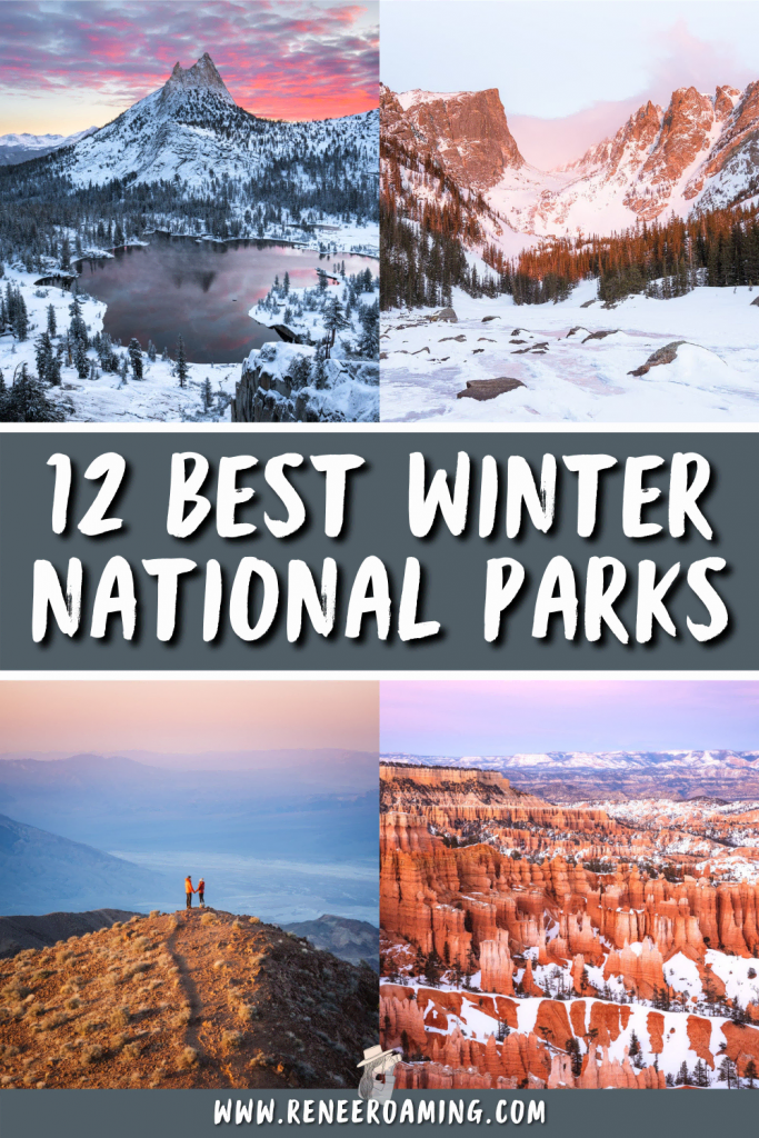 Winter is a great time to visit national parks! Not only are they less busy, but they are often even more magical when dusted with snow. In this blog post I am sharing the 12 best national parks to visit in winter. Some of them are snowy wonderlands and others are incredible choices for their sunshine and optimal weather. | USA National Parks winter | Winter travel inspiration | Winter trip planning | USA winter travel | winter parks road trip | #nationalparks